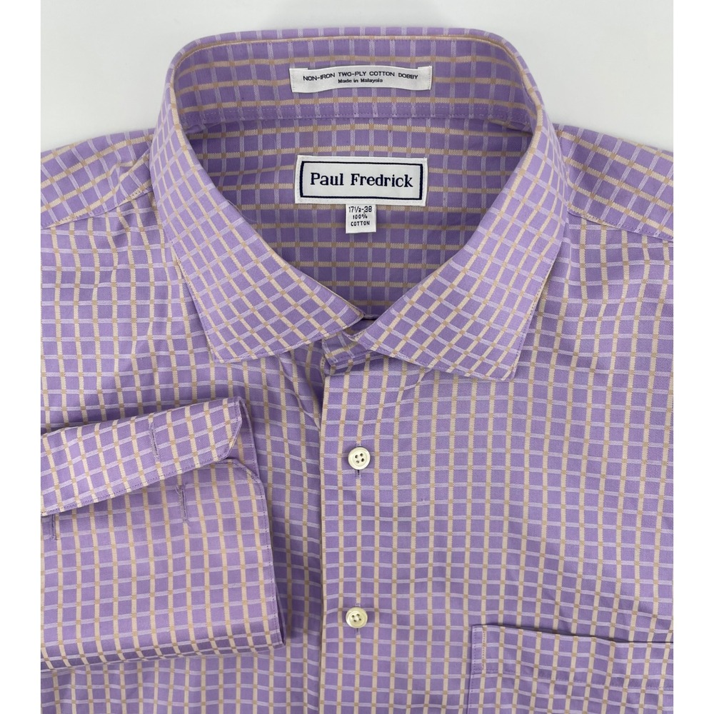 Paul Fredrick Dress Shirt 17.5-38 Purple Check Non-Iron French Cuff Office NWOT